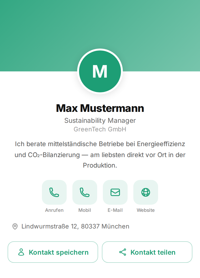 Digitale Visitenkarte im Browser: Profilbild, Name, Position und Firma, darunter Schaltflächen zum Anrufen, E-Mail-Schreiben und Kontakt-Speichern