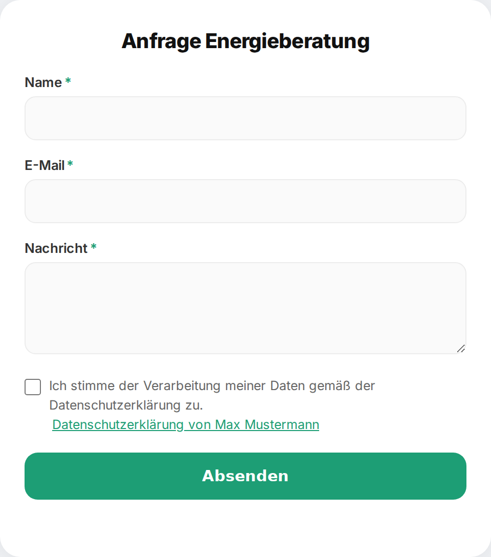 Kontaktformular mit den Feldern Name, E-Mail und Nachricht sowie einer Checkbox für die Datenschutz-Einwilligung