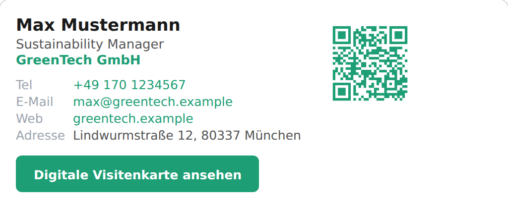 E-Mail-Signatur mit Name, Position, Firma, Kontaktdaten, QR-Code und einer Schaltfläche zur digitalen Visitenkarte